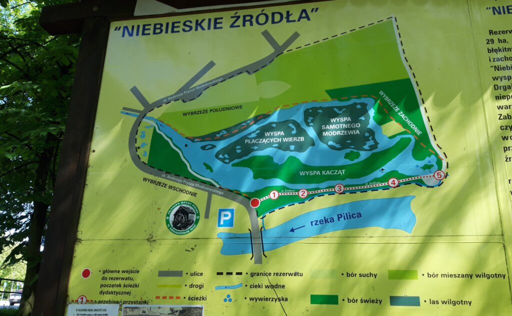 Tablica informacyjna z mapą rezerwatu przyrody „Niebieskie Źródła” przed wejściem. Mapa pokazuje ścieżki spacerowe, kanały i punkty widokowe tego unikalnego obszaru chronionego.